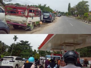 Antrean Panjang Pengisian BBM Di Wawotobi Konawe. Warga antre Sejak Subuh. Polisi Lakukan Pengawasan